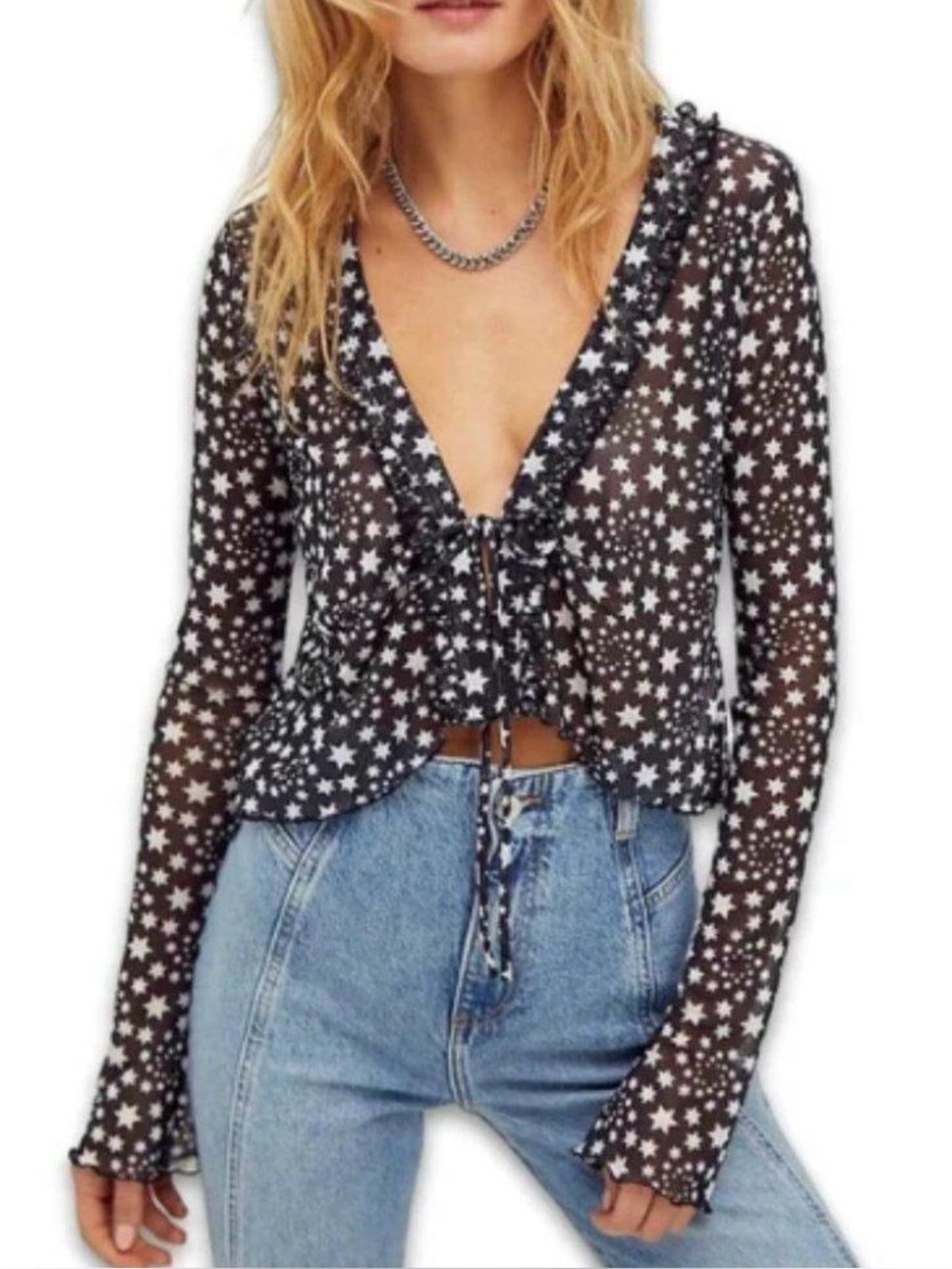 Free People Marne Star Print Sheer Mesh Tie Front Coquette Blouse Top